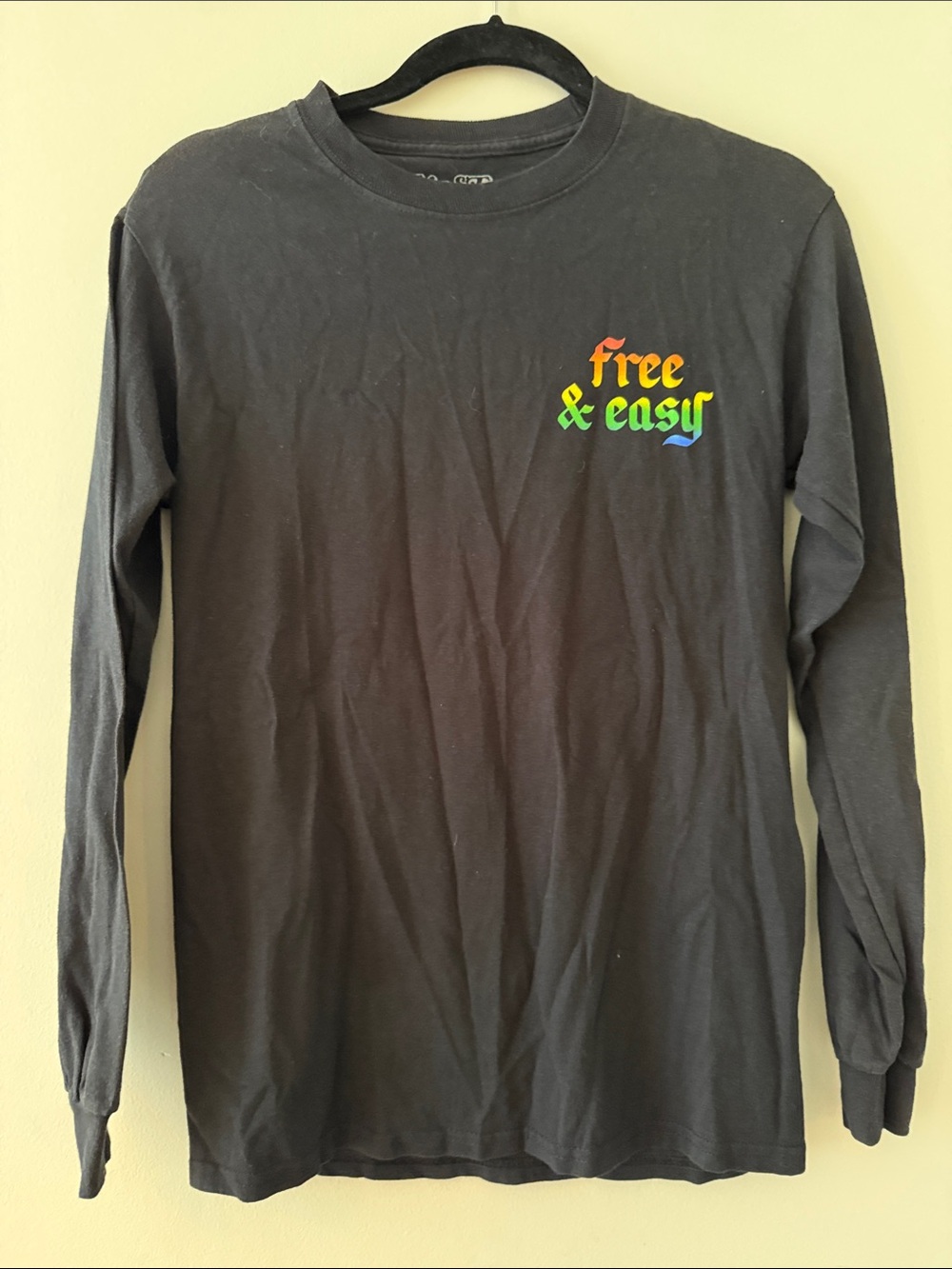 Black Long-Sleeve Tee with Colorful "Free & Easy" Chest Graphic